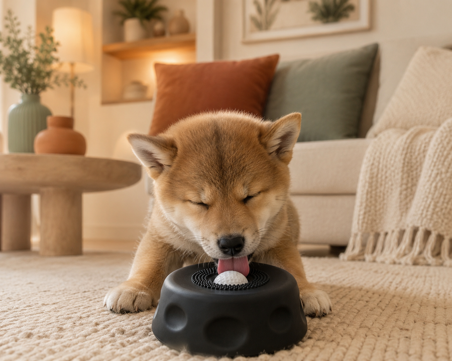 Chien concentré en train de lécher la boule rotative du bol